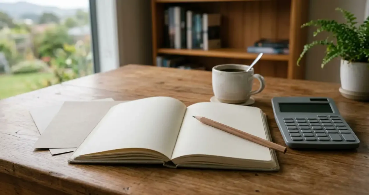 Open plain notebook next to a blank sheet and unmarked pencil on a quiet desk