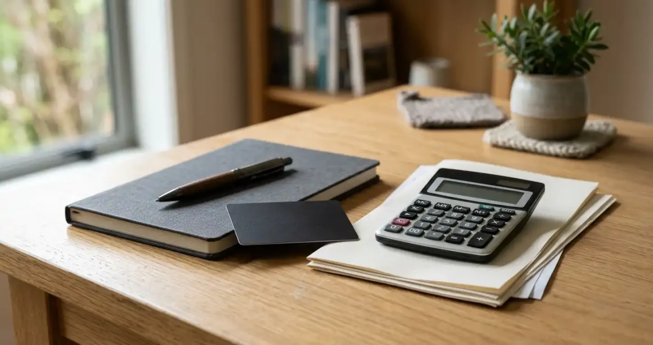 A plain payment card beside a closed banking notebook and desk calculator