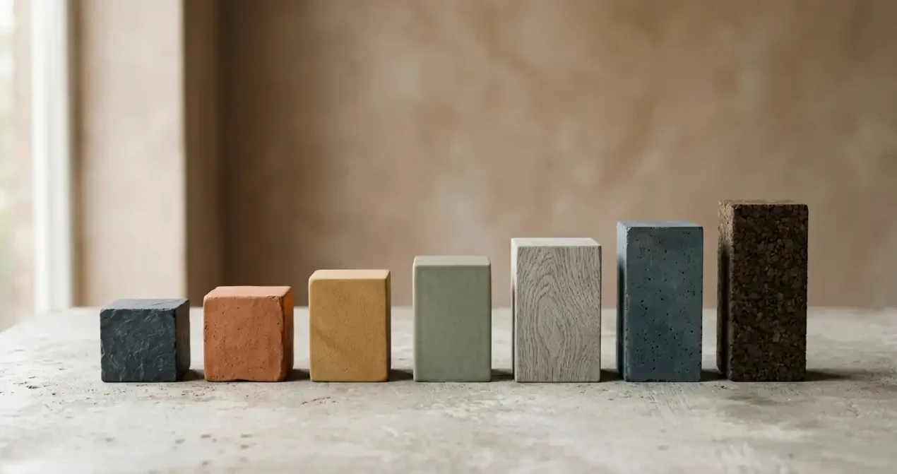 Seven unmarked geometric blocks stacked in ascending heights on a desk