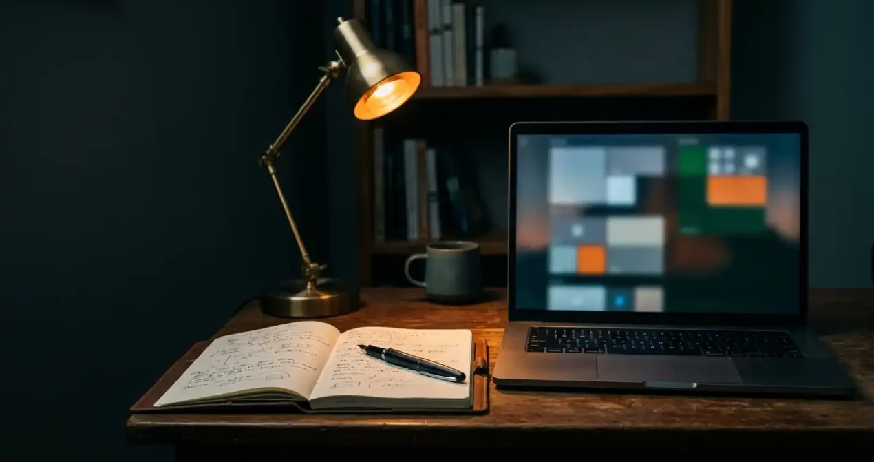 A desktop monitor and notebooks on a quiet dark work desk