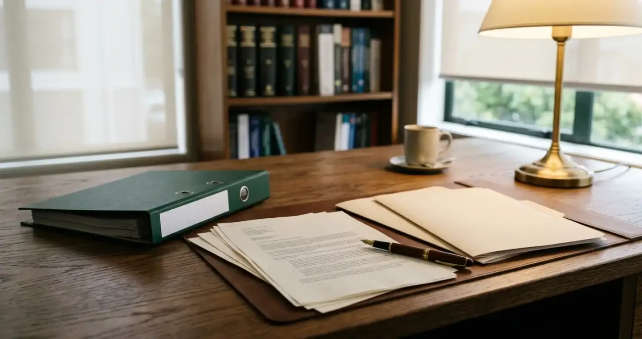 Unmarked legal papers arranged beside a folder and pen on a desk