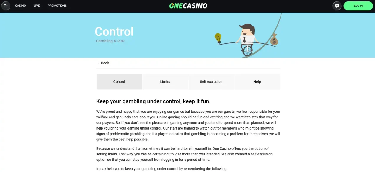 OneCasino information page describing responsible-play account controls
