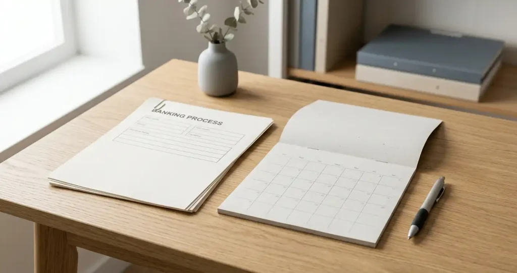 Unmarked bank paperwork, a blank calendar and a pen arranged on a wooden desk